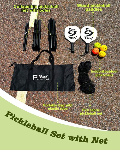 NQV Pickleball Set with Net - 10FT Half Court Size Net+2 Wood Paddles+4 Balls+1 Bag, Pickleball Kit Portable Outdoor Driveway Indoor for Adults Kids Family Beginners