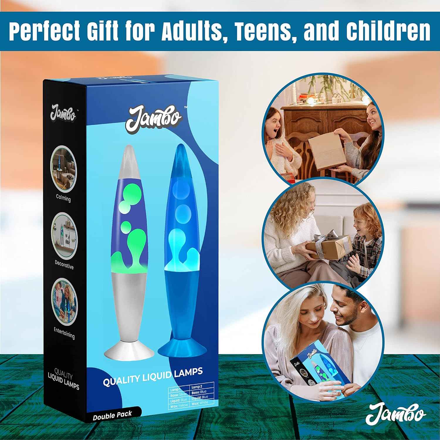 JAMBO 2-Pack 16" Liquid Lava Lamps - Silver & Blue Night Lights for Relaxation