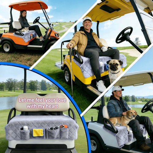 WUKO HUNT Golf Cart Seat Covers - Faux Fur Seat Blanket, with 4 Pockets, Non-Slip, Soft & Comfortable, Fit EZGO, Yamaha, Club Car and Other 2-Seat Golf Carts, All-Season, 51"x 33", Quilted Light Gray