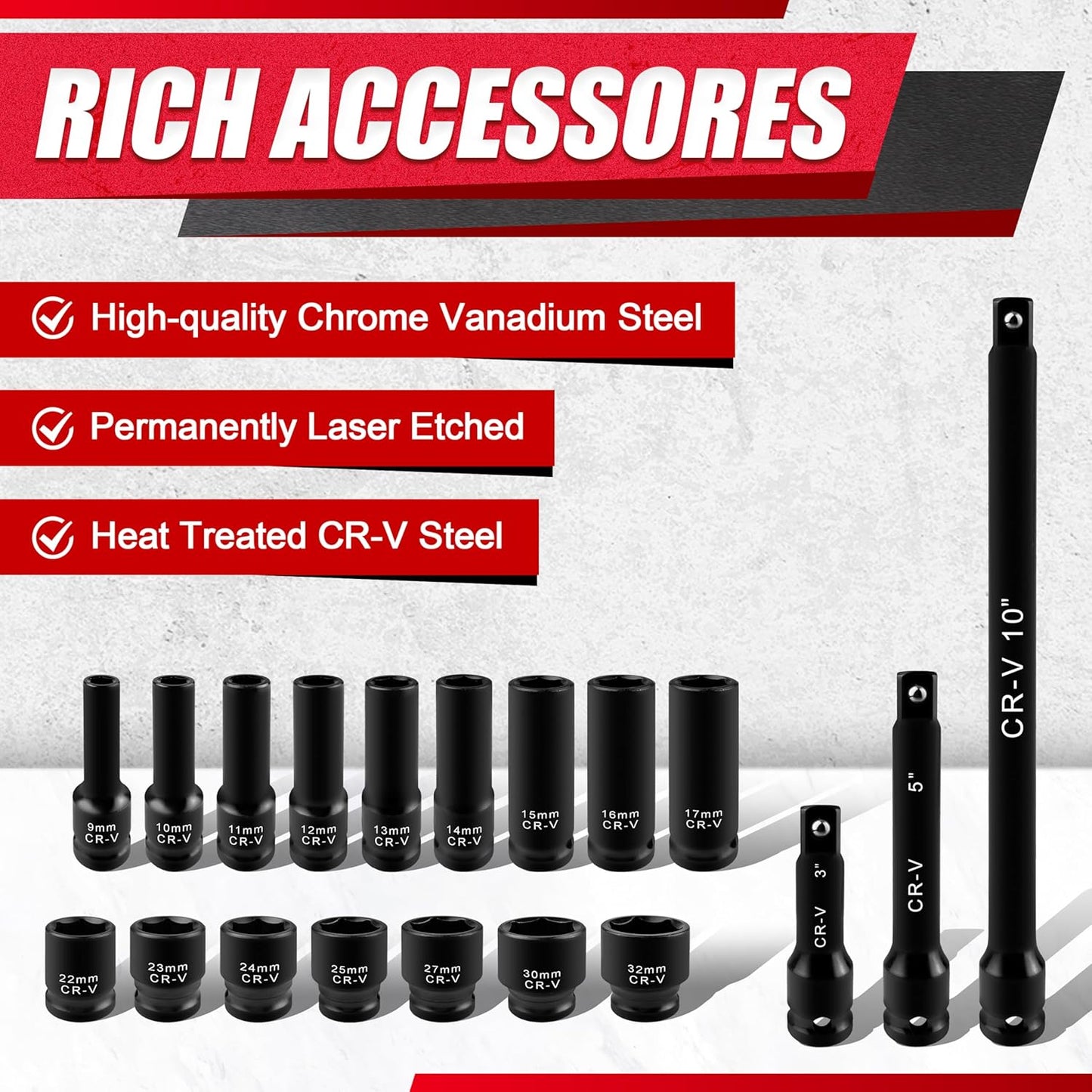 29-Piece Deep Impact Socket Set with Extensions | SAE & Metric Cr-V Steel