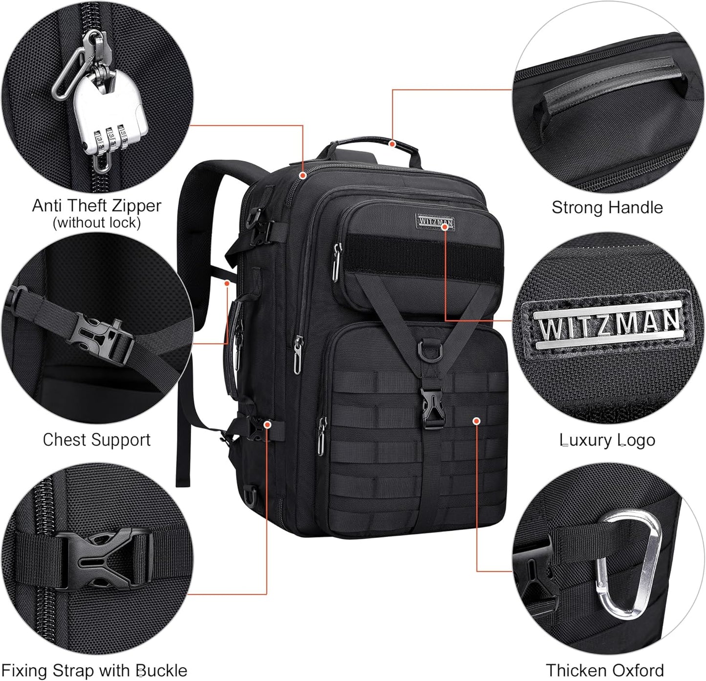 WITZMAN 45L Convertible Travel Backpack - Large 3-in-1 Design for 17-Inch Laptops | Airline Approved (B688 Black)