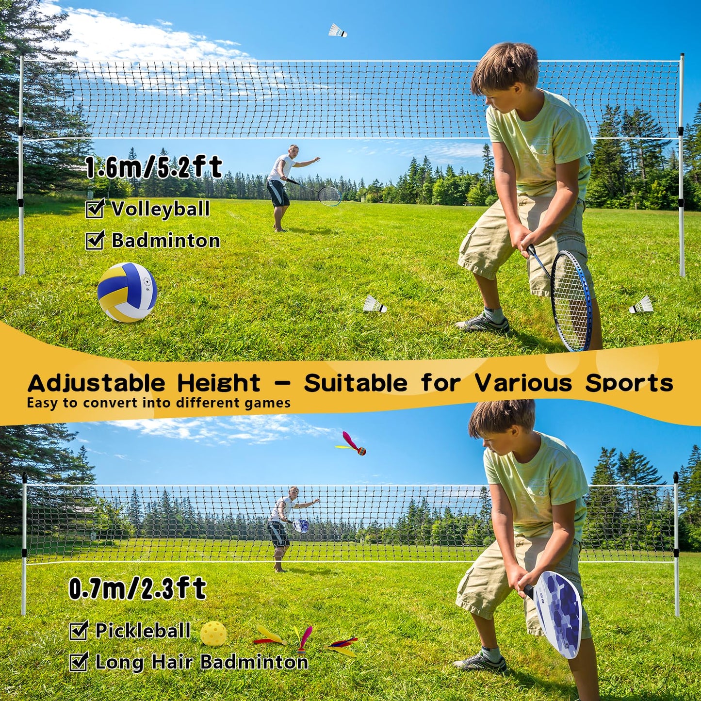ZHUOKECE Outdoor Portable Volleyball and Badminton Net Combo Set, Official Size 5 Volleyballs Pickleball and Badminton Set for Backyard Games (Blue+Green)
