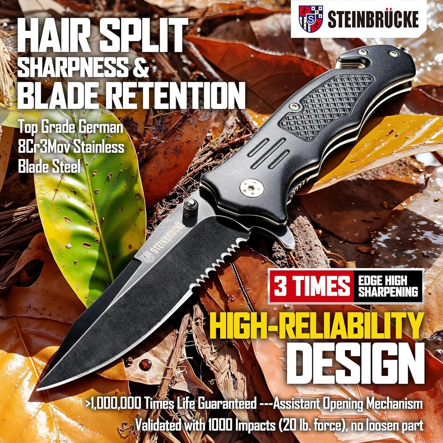 Steinbrucke Tactical Folding Knife - 3.4'' Stainless Steel 8Cr13Mov Blade | Ideal for Hunting, Camping, and Everyday Carry