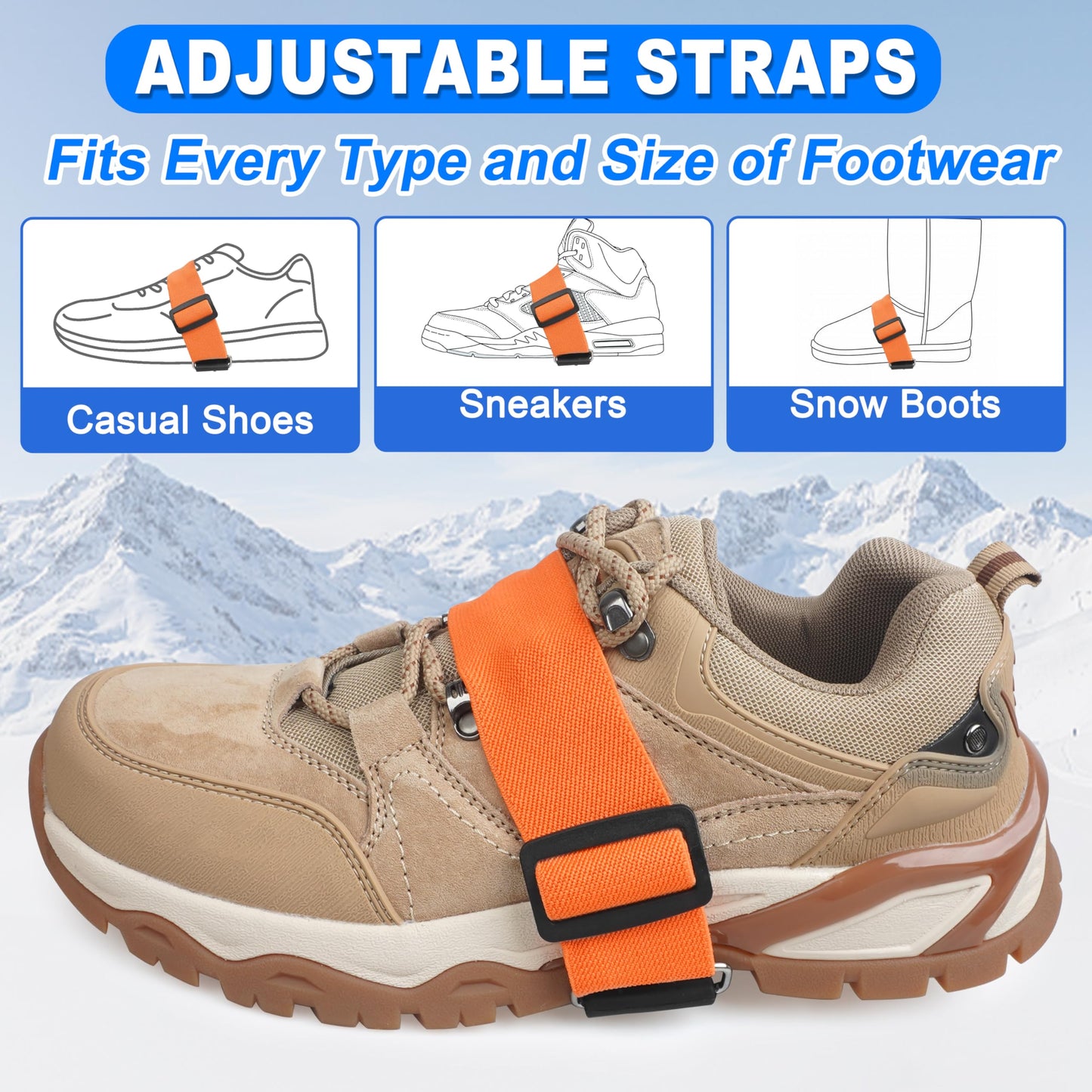 Mid-Sole Ice Cleats Crampons Snow Traction Cleats for Shoes and Boots Non-Slip Crampons with Adjustable Straps 7 Tungsten Studs for Secure Grip for Walking Jogging Hiking (Large/X-Large, 2 Pairs)