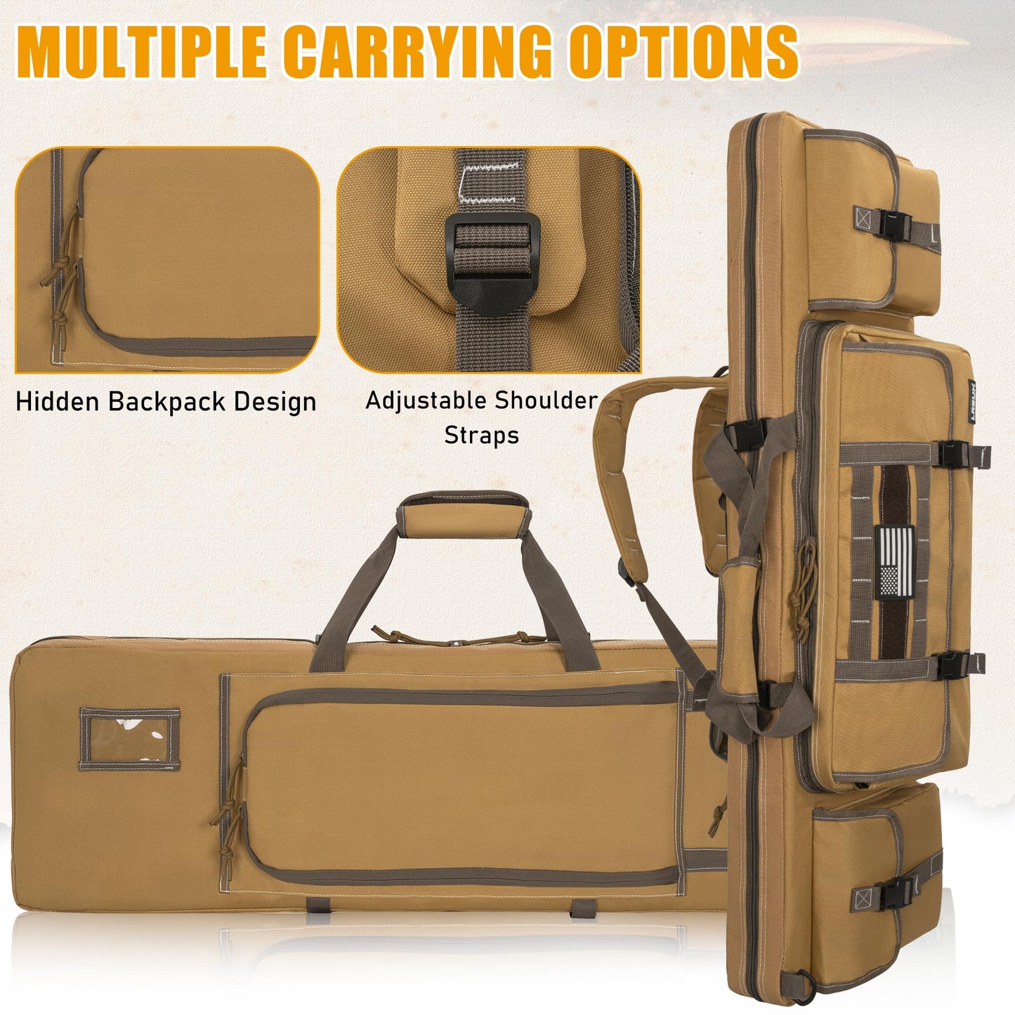 LASUK 46" Soft Double Rifle Bag, Portable Long Rifle Bag for Outdoor Hunting Shooting, Gun Case Storage & Transportation(Yellow)