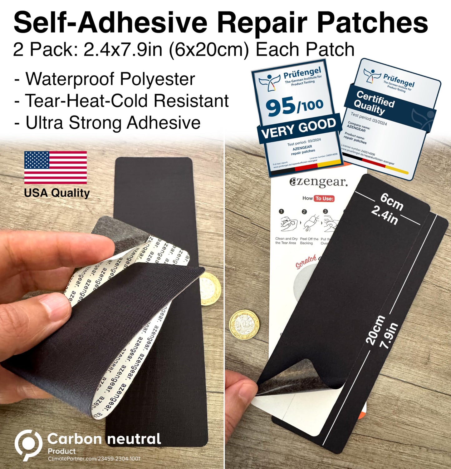 Self-Adhesive, Waterproof Repair Patches for Tents, Jackets, 2 Pack, Black