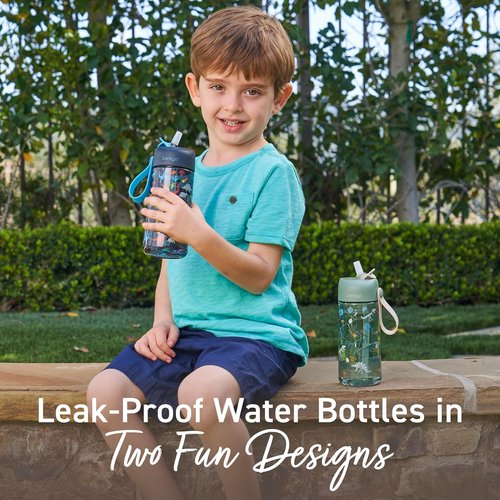 Bentgo Kids Water Bottle 2-Pack - Leak-Proof, Durable Tritan, BPA-Free 15 oz for Ages 3+ | Bite & Sip Spout, Dishwasher Safe (Dinosaur/Dino Fossils)