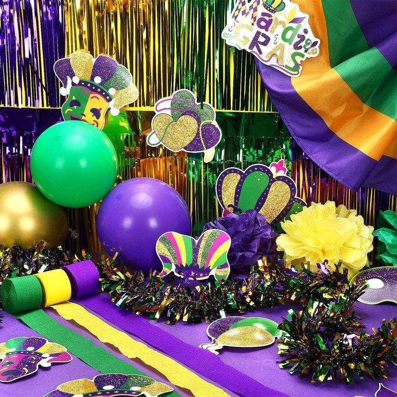 UPINS 57 Pcs Mardi Gras Decorations Kit, Mardi Gras Float Decorations Golf Cart Decorations for Parade, Includes Bunting Flag Garland Tinsel Fringe Streamers Balloons (Purple Green Gold)