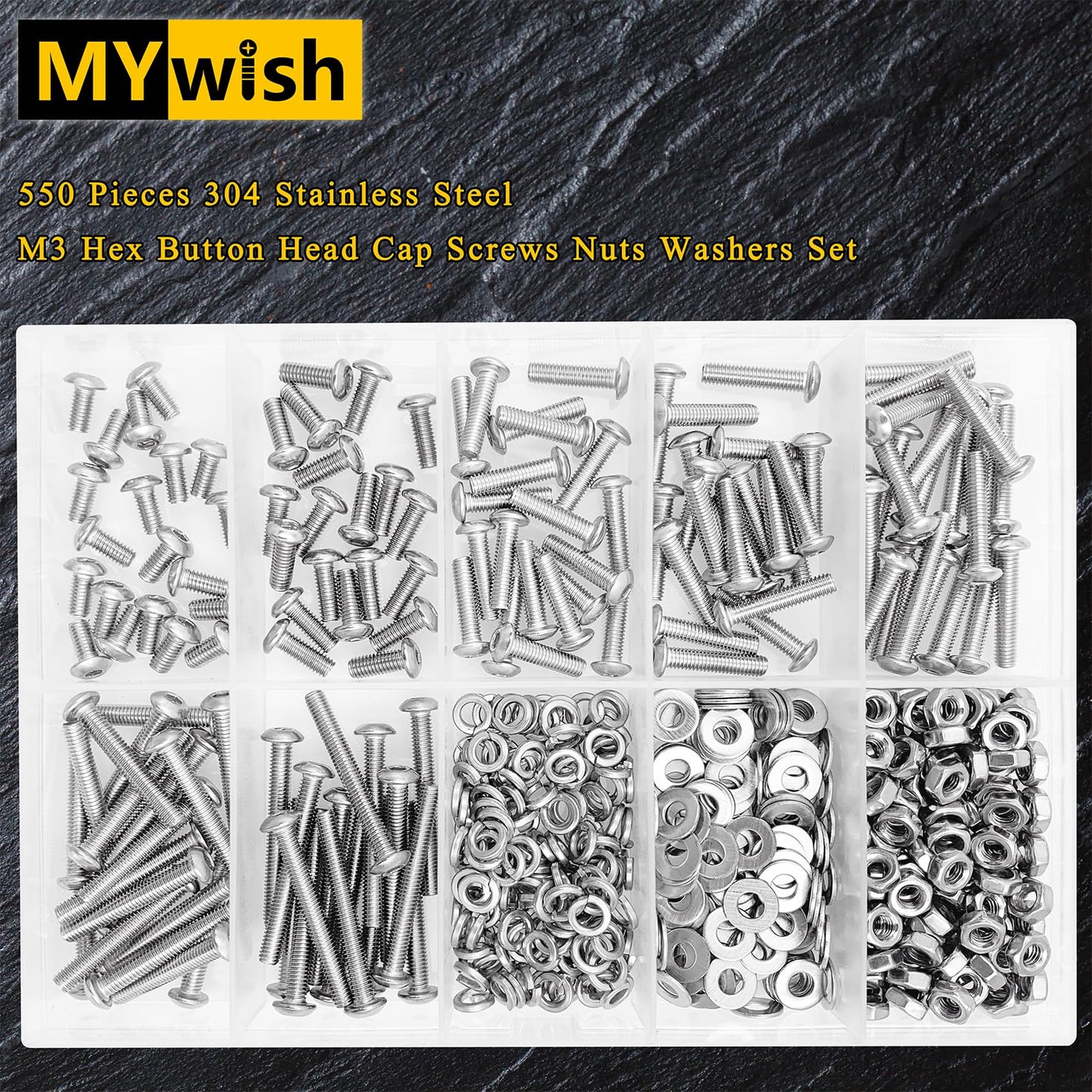 Mywish 550Pcs M3 Screw Metric Screw Assortment, 304 Stainless Steel Hex Socket Button Head, 3D Printer DIY Metric Bolt Assortment, Flat & Spring Lock Washers/Nuts/Hex Wrenche M3*6/8/12/14/16/20/25mm