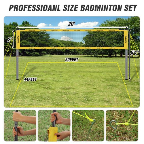 Outdoor Portable Badminton Net Set System for Backyard Lawn Beach with Anti Sagging Design 4 Carbon Aluminum Rackets 3 Birdies and Carrying Bag