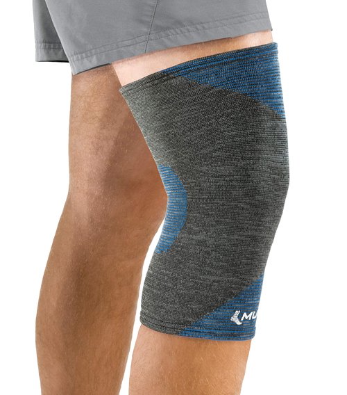 Mueller Sports Medicine FIR 4-Way Stretch Knee Support, Knee Pain Relief Support for Men and Women, Ideal for Arthritis, Sprains, Gray/Blue (Pack of 1)