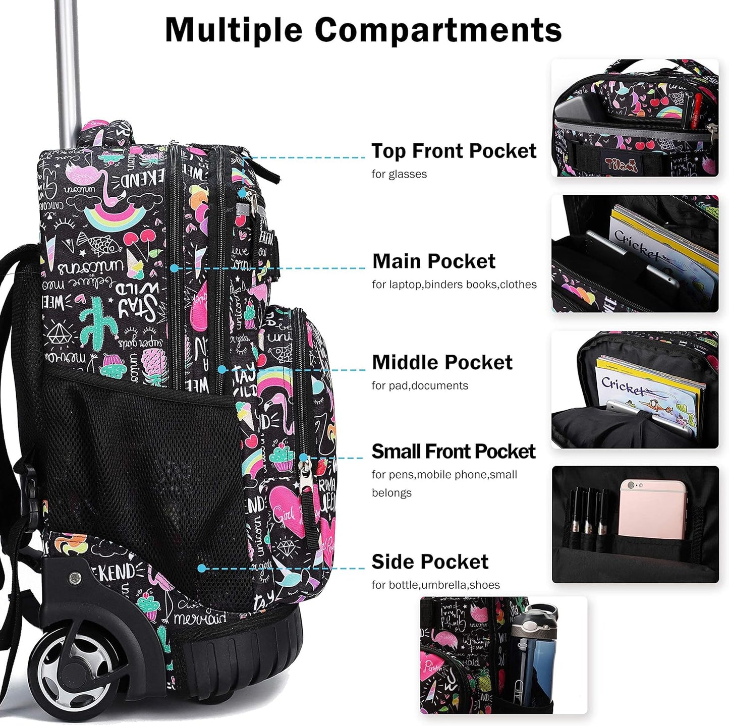 Tilami Rolling Backpack - 19-Inch Wheeled Laptop Bag with Lunch Bag | Insulated Design