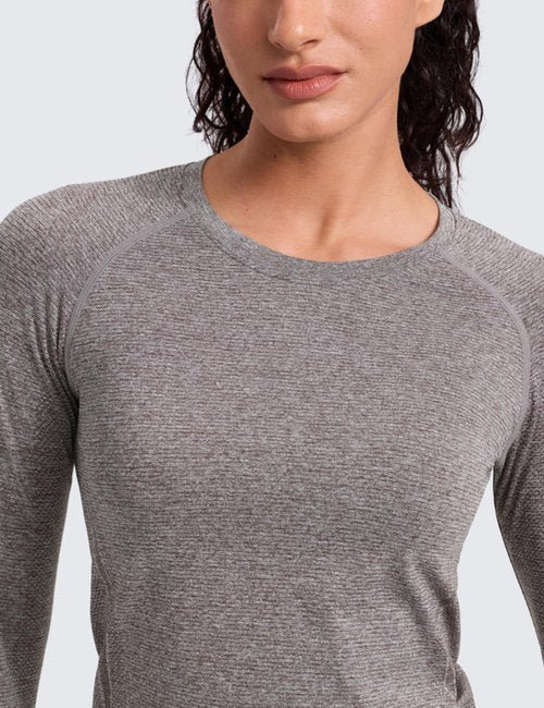 CRZ YOGA Seamless Long Sleeve Shirts for Women Waist Length - Workout Athletic Running Gym Yoga Tops Crewneck Breathable Hot Fudge Brown Heather Medium