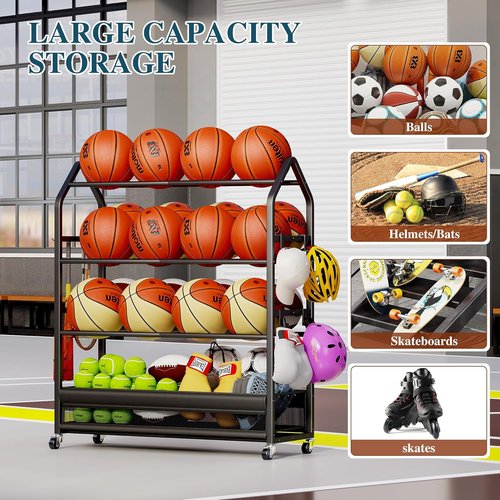 Homeiju Sports Equipment Organizer - Ball Storage Rack with Wheels & Hooks | Indoor/Outdoor Black Gear Shelf
