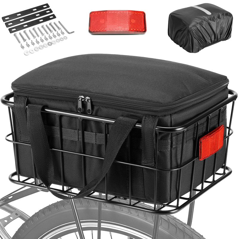 CDYWD Bike Basket Rear for Men Women, Large Bicycle Rack Basket for Adult Bikes with Removable Liner Bag & Waterproof Cover, Heavy Metal Back Cargo Basket for Ebike, Mountain Bike, City Bike, Cruiser