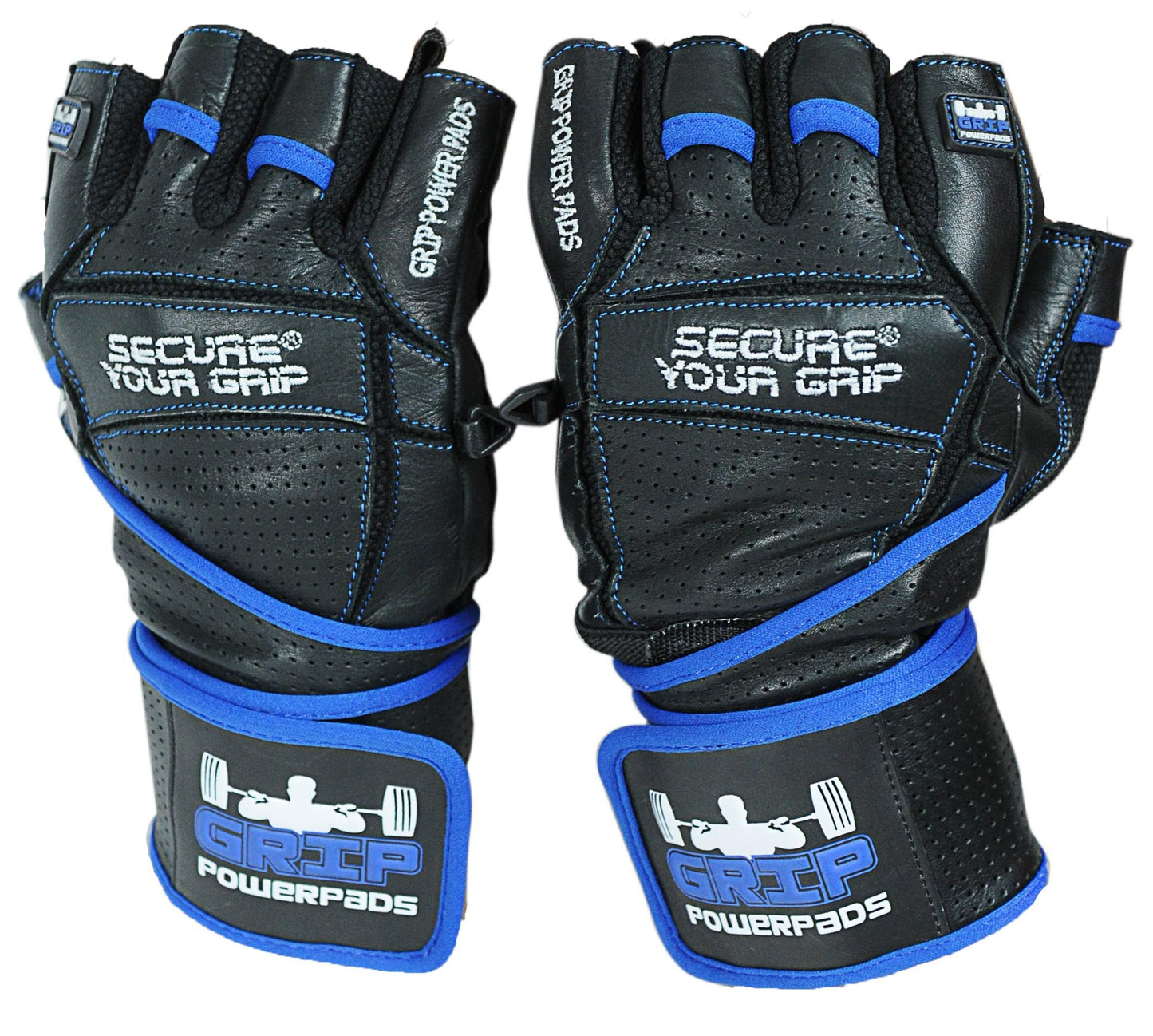 Elite Leather Gym Gloves with Built in 2" Wide Wrist Wraps Grip & Design for Weightlifting Power Lifting Bodybuilding & Strength Training Workout Exercises (Blue, Large)