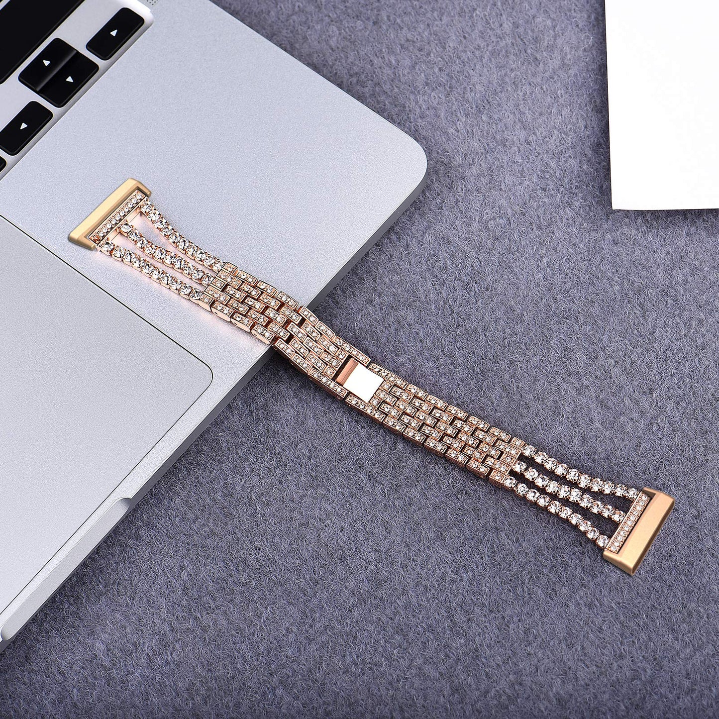 Wongeto Bling Bracelet Compatible with Fitbit Versa 3/Fitbit Sense Women Men Stainless Steel Jewelry Rhinestone Dressy Wristband Strap Bracelet (Rose Gold)