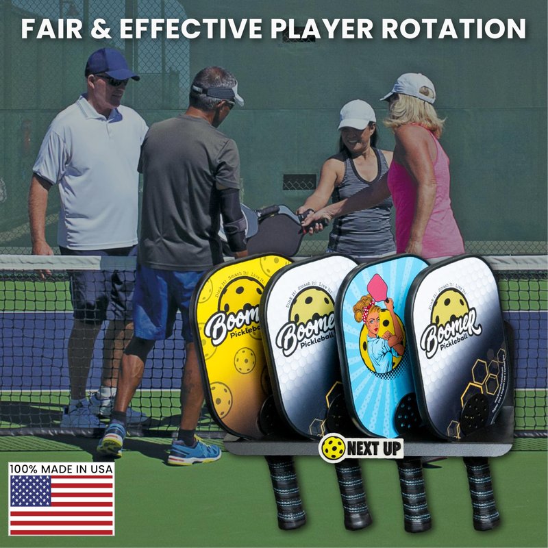 45D Pickleball Paddle Rack | Holds Four Paddles at a 45-Degree Angle Making All Paddles Visible | Track Players “Next-Up” | Heavy-Duty Steel Finished in Black Weather-Proof Powder Coating