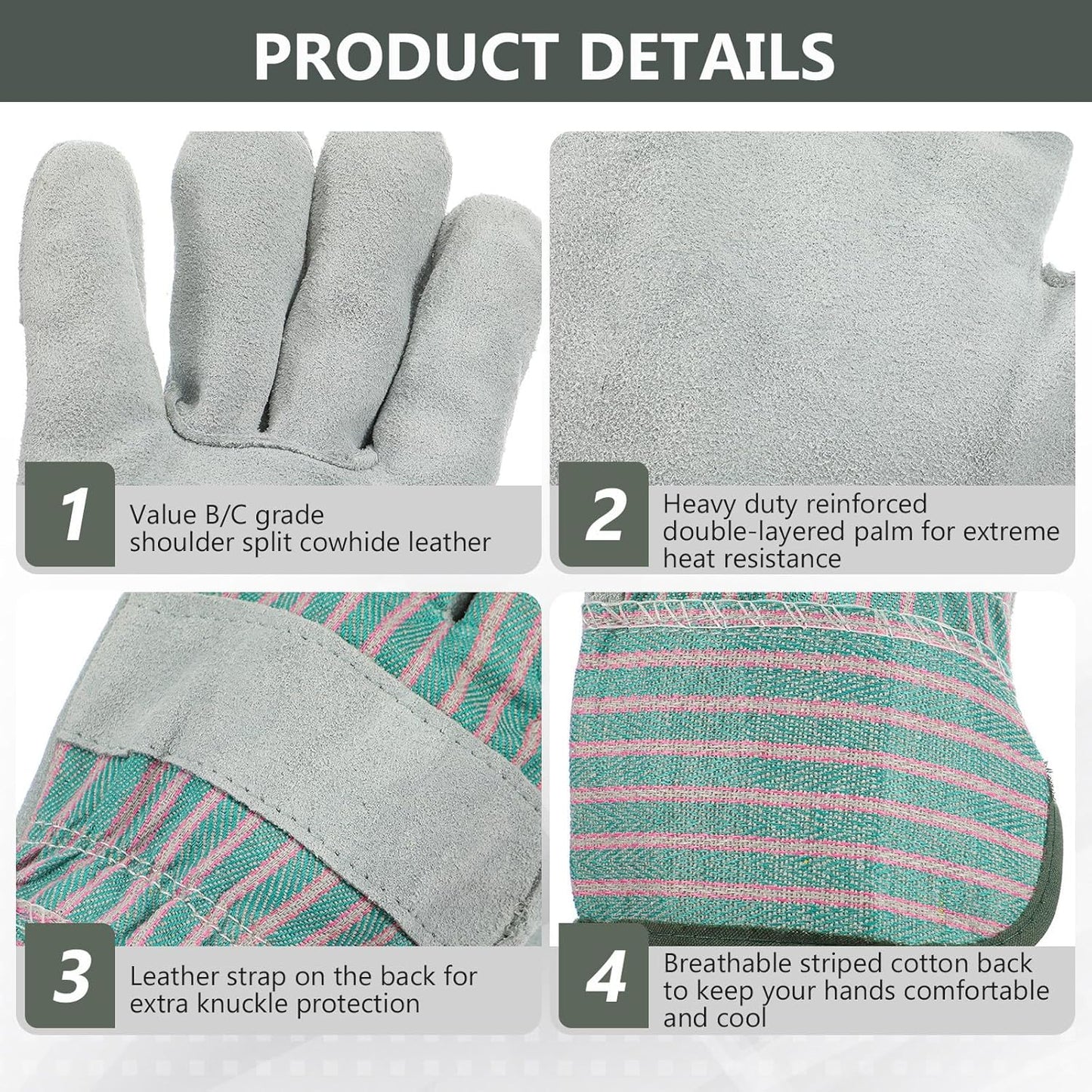 Skiennix Large Leather Work Gloves - Heavy Duty Cowhide Driver Gloves | 12 Pairs, 11 x 5.1 Inch, Safety Cuff