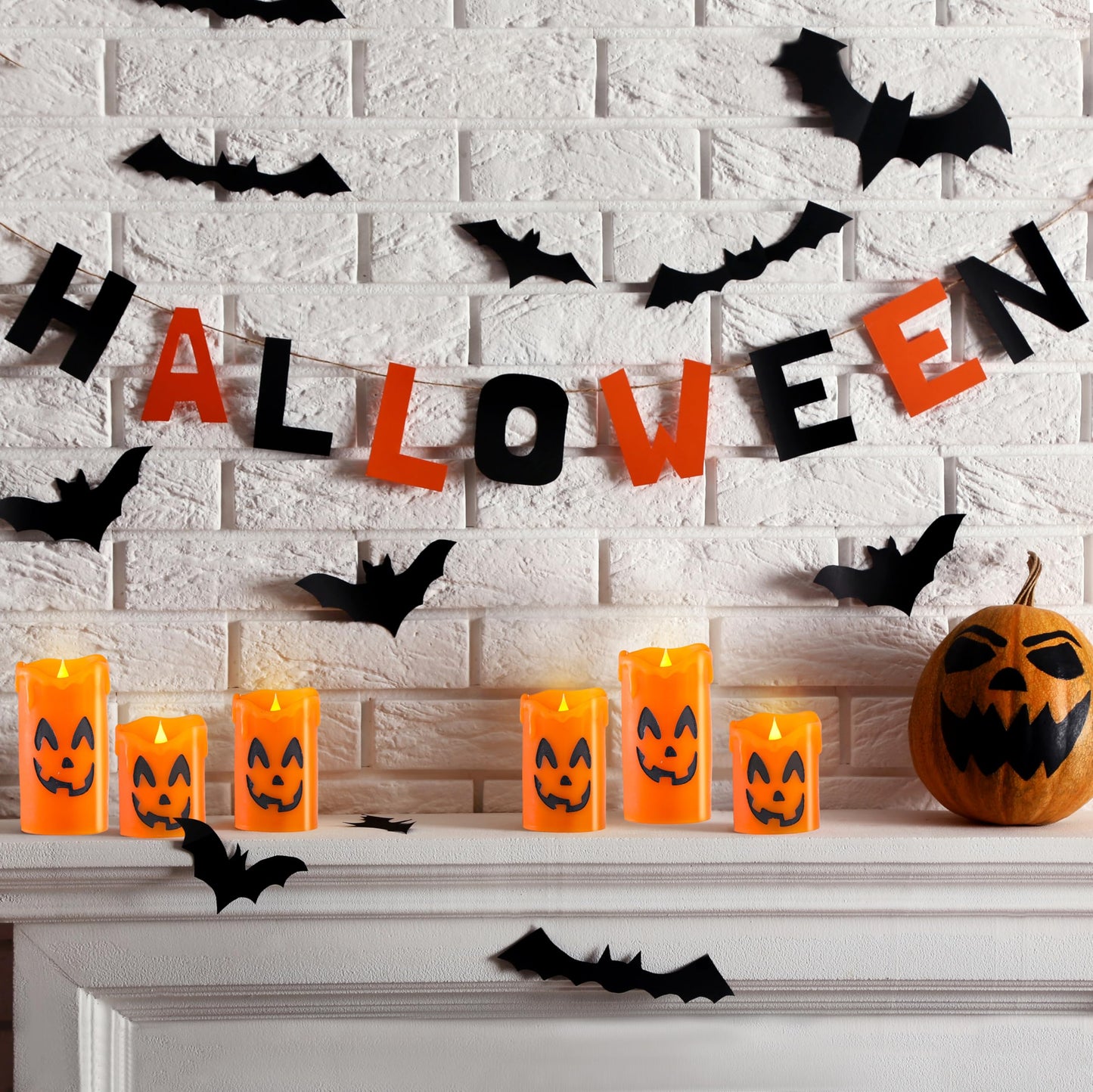 LCZLUMIPRO Halloween Candles Flameless Ghost Face Decor, Orange Pumpkin Dripping Real Wax Battery Operated LED Pillar Candles for Halloween Fall Indoor Table Dinner Decorations, Set of 3(3" x 4/5/6")