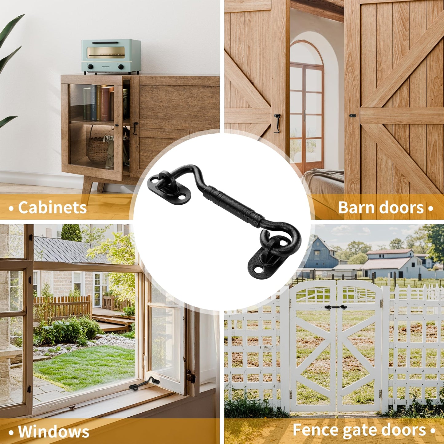 SANKEYTEW 4'' Door Latch Door Lock Hardware, 4'' Stainless steels Hook and Eye Gate Latch Easy Lock for Barn Door, Black Sliding Door Lock with Screws for Window, Cabin Hooks