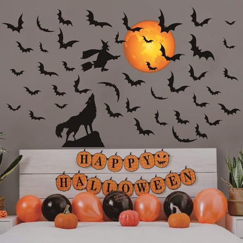 Halloween Moon Wall Decals Witch Bats Decal Removable Peel and Stick Wolf Wall Decals Halloween Party Supplies Decorations