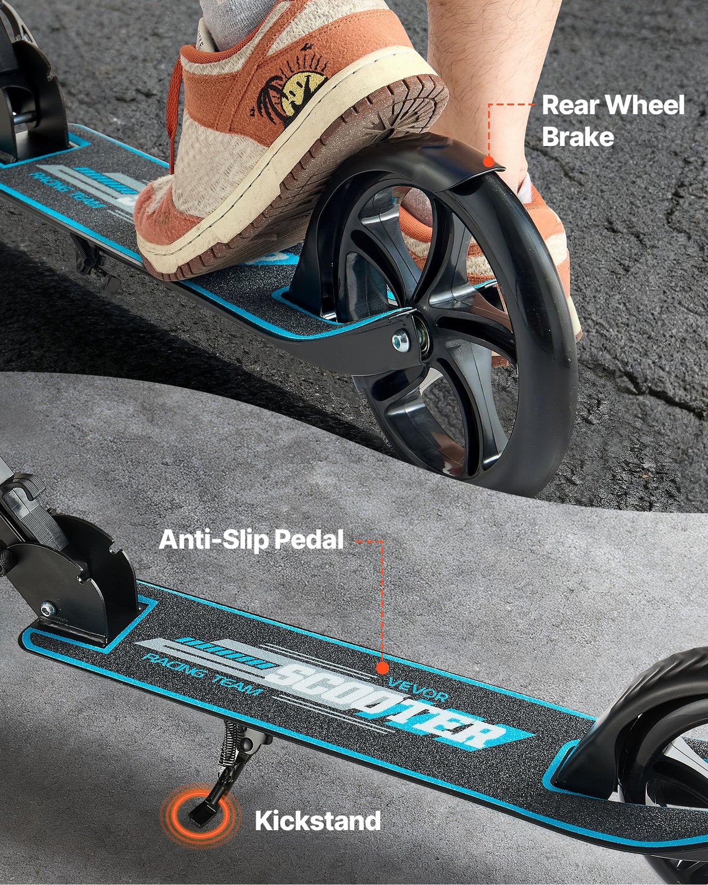 VEVOR Kick Scooter for Kids Ages 8+, Teens & Adults, 2-Wheel Toddler Scooter with Adjustable Height Handlebar, Wide Anti-Slip Deck, Foldable Lightweight for Boys & Girls up to 220 lbs, Black + Blue