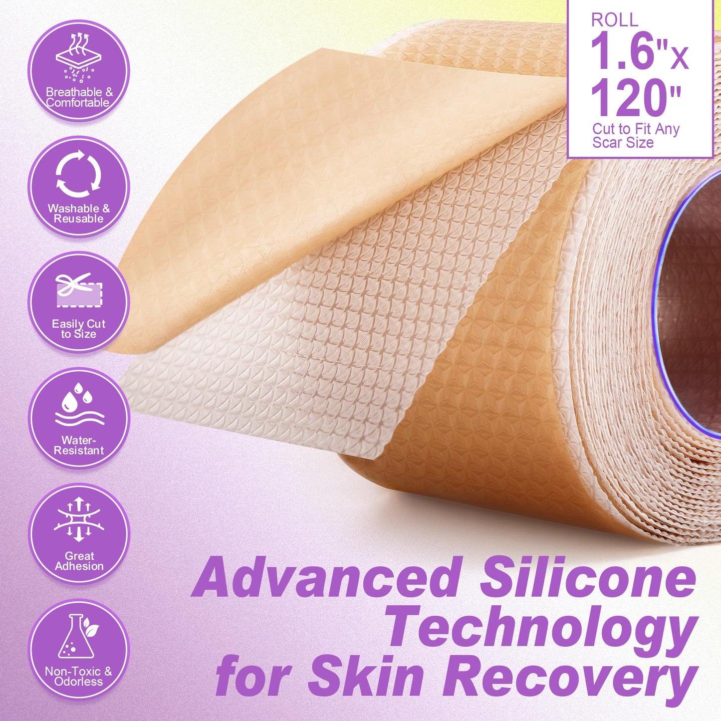 FRESINIDER Silicone Scar Sheets Roll - 1.6" X 120" (3 Meters) Silicone Scar Tape for Surgical C-Section Tummy Tuck, Keloid Burn Acne - Extra Long & Reusable Professional Scar Removal Strips