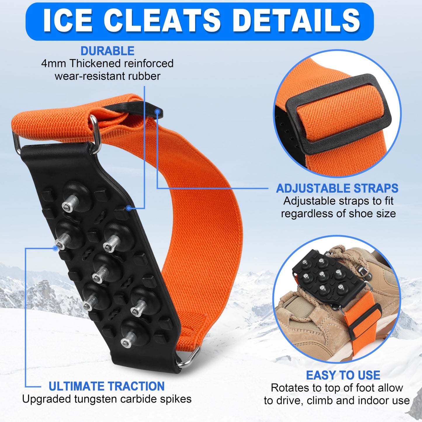Mid-Sole Ice Cleats Crampons Snow Traction Cleats for Shoes and Boots Non-Slip Crampons with Adjustable Straps 7 Tungsten Studs for Secure Grip for Walking Jogging Hiking (Large/X-Large, 2 Pairs)