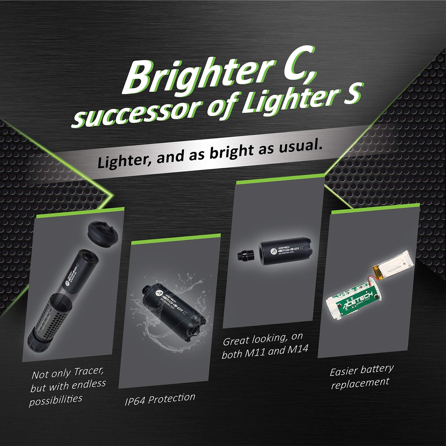 ACETECH Airsoft Pistol/Riffle Tracer Unit Brighter C 14mm CCW Negative Thread with M14 to M11+ Adaptor Glow in The Dark Green/Gel BB LED Beam Lighting Effect (Black)