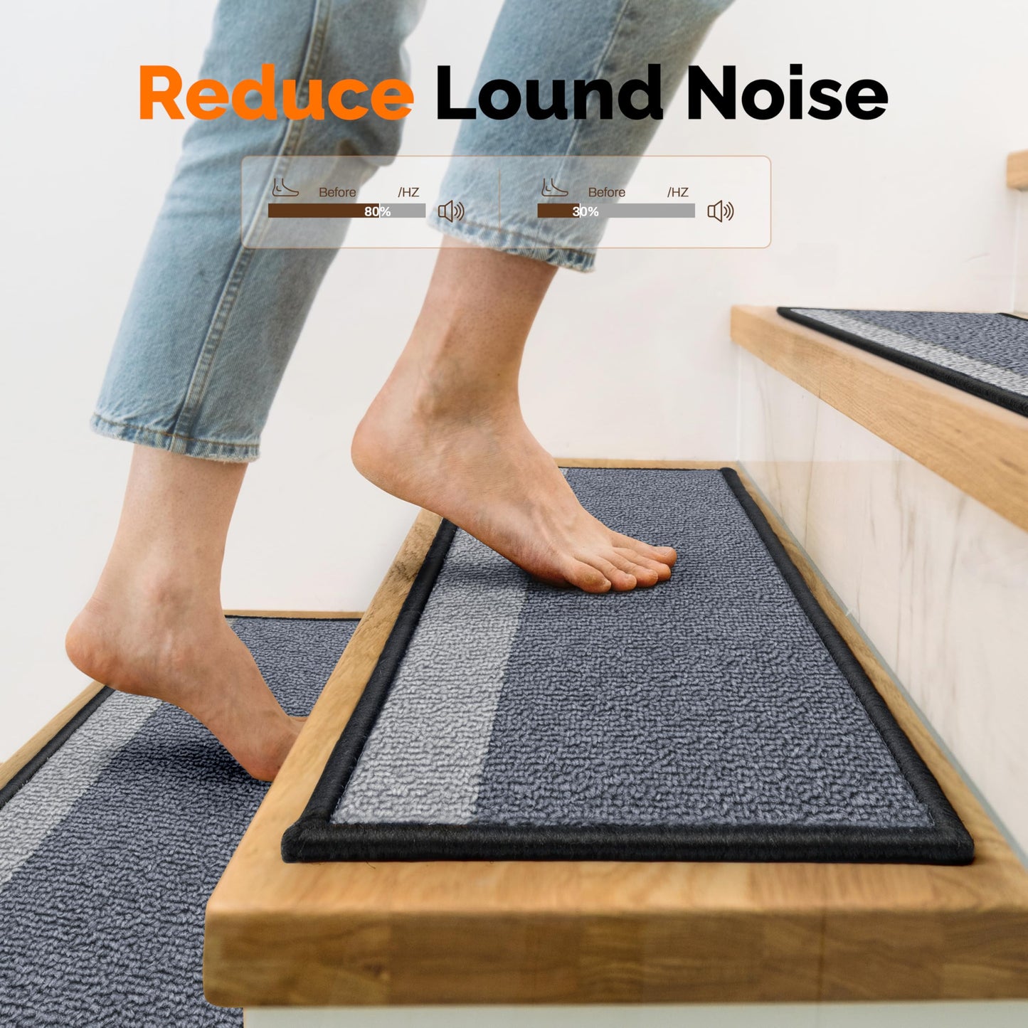 J JIMOO Stair Treads Non Slip for Wooden Steps, 15 PCS 8" X 30" Stair Carpet Runner Indoor with Extra Adhesive, Edging Staircase Rugs for Kids Pets Elders, Gray