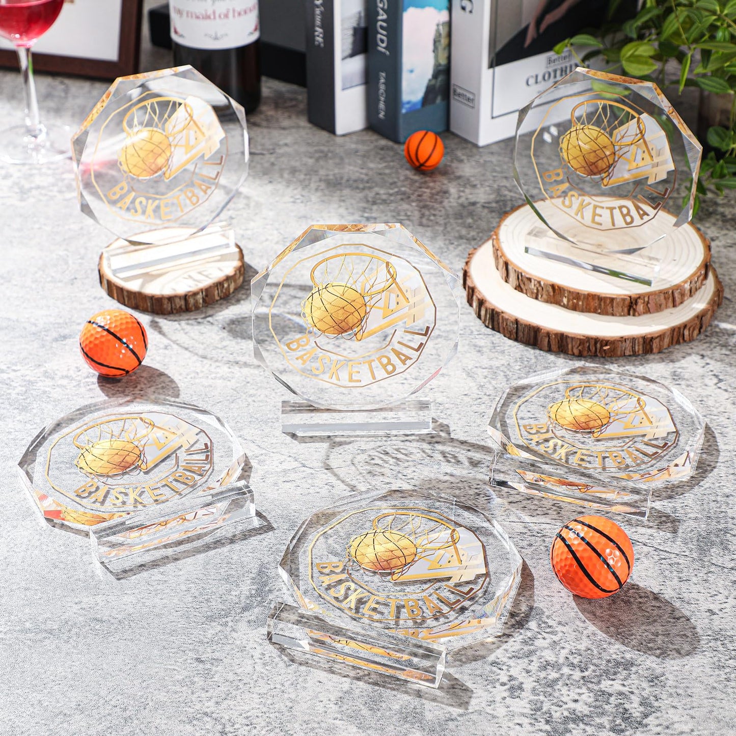 Anglechic 6 Pack Basketball Trophy Acrylic Gold Basketball Award Medals 4.72 x 4.72 Inch Sports Contest Trophies Bulk Plaques Team Prize Gift Trophies for Team Competition