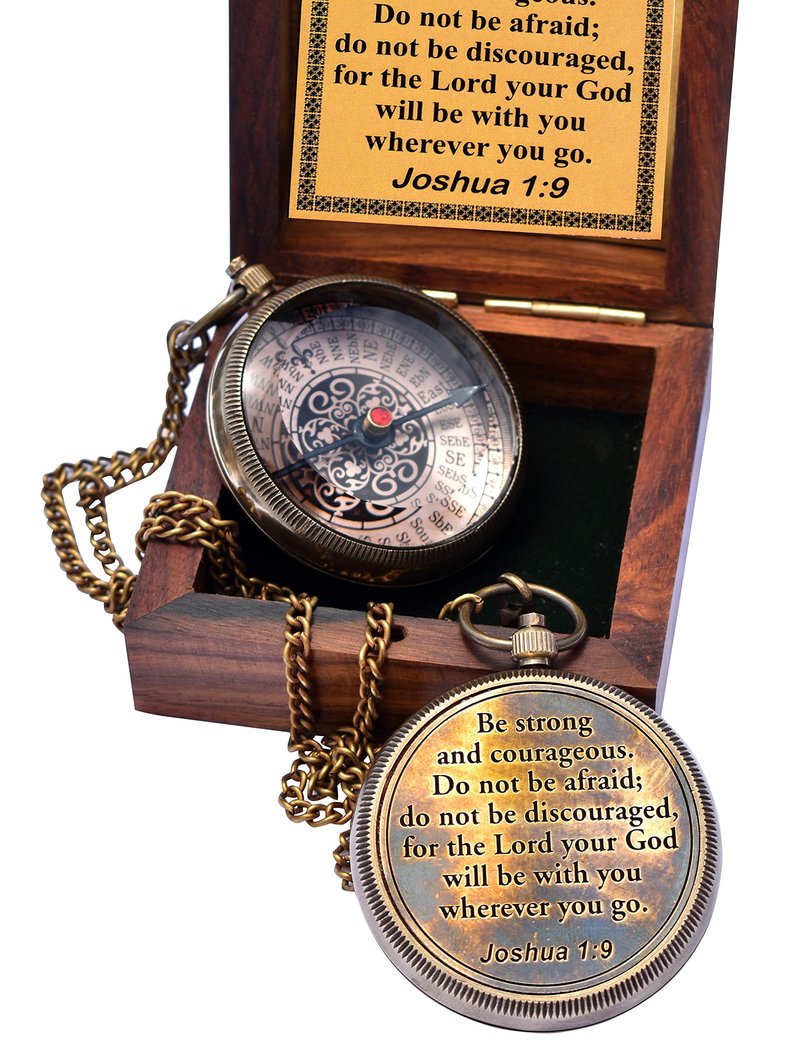Be Strong and Courageous- Joshua 1: 9 Quote Engraved Compass with Wooden Box, Greeting Card, Gift Compass, Graduation Day Gifts 2026 Compass for Women Mens Boy Girls
