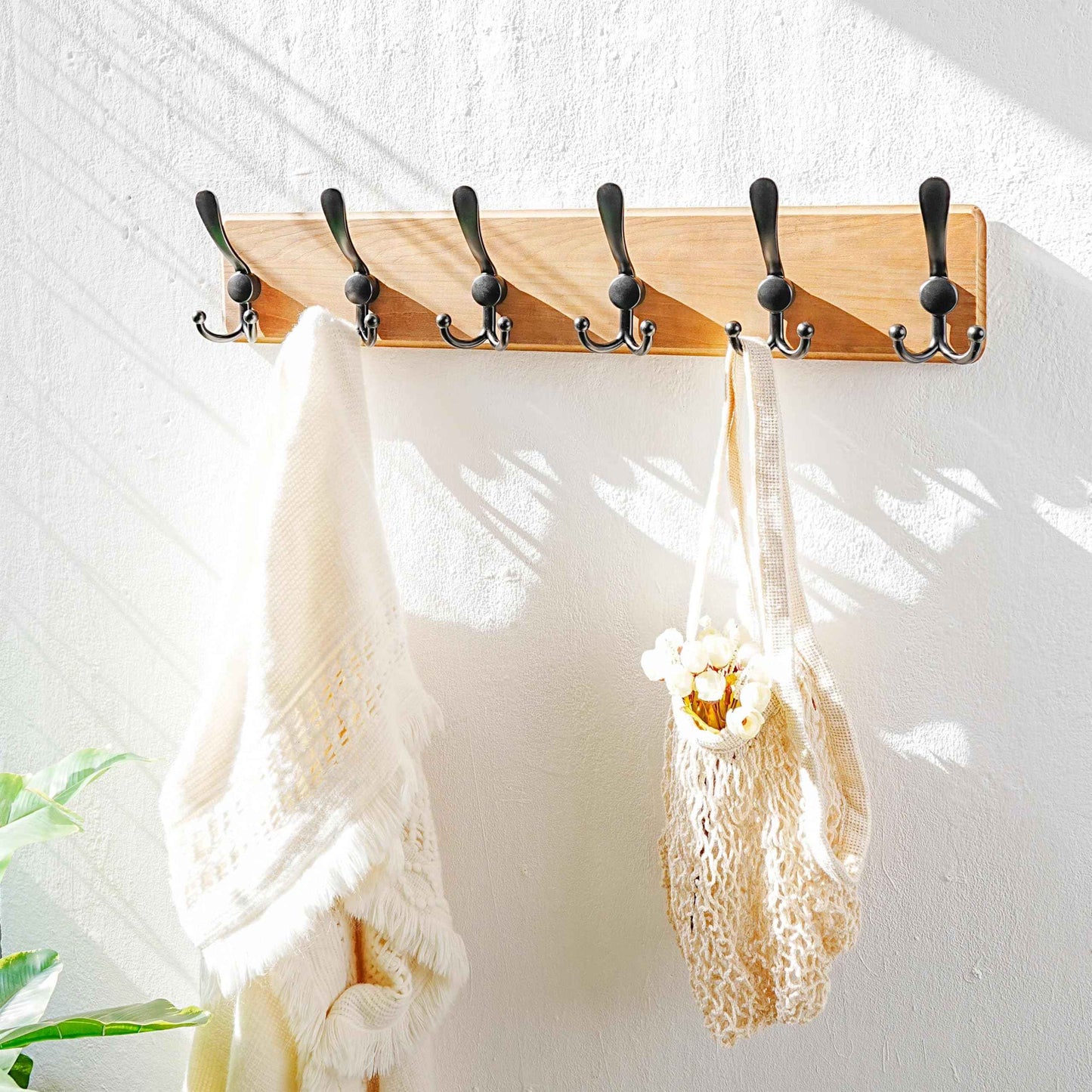 Dseap Coat Rack Wall Mounted - 24" Long 6 Tri Hooks, Heavy Duty Wooden Wall Coat Hanger Coat Hook for Clothes Hat Jacket Clothing, Weathered Brown and Black, Pack of 2