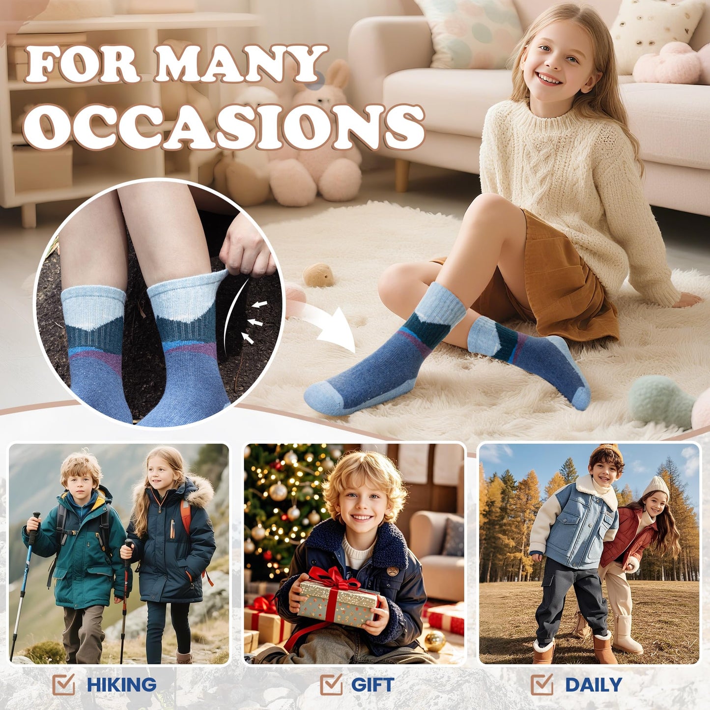 WEVIAS Kids Merino Wool Hiking Socks Boys Thermal Winter Cozy Boot Warm Cushion Socks 6 Pairs (Mountain Range, 8-12 Years)