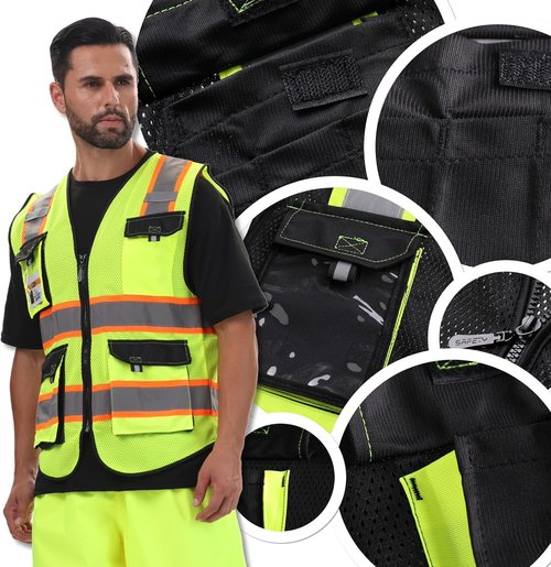 JKSafety Hi-Vis Reflective Safety Vests - High Visibility Mesh Vest with Pockets | Neon Black (L)