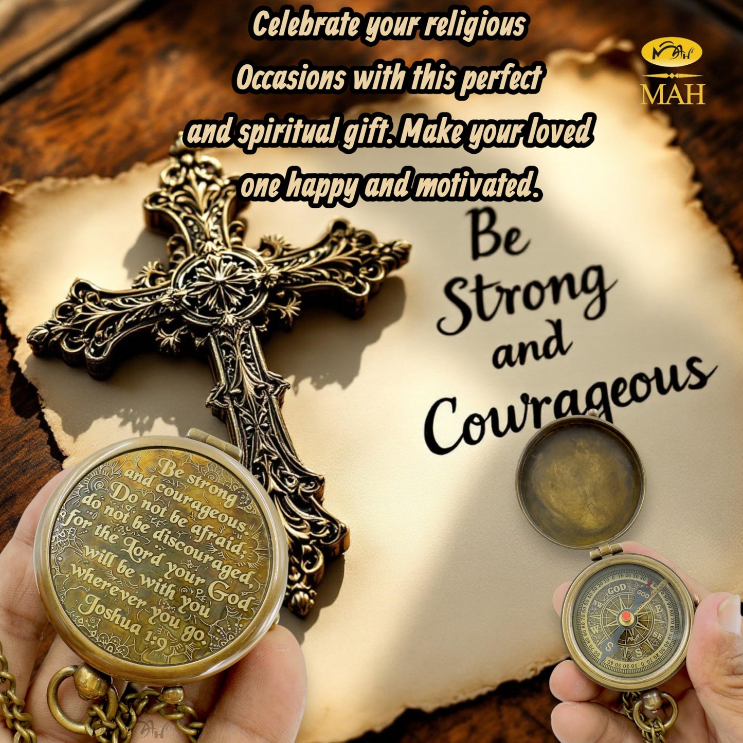 Bible Verse Brass Compass – “Be Strong and Courageous” (Joshua 1:9) | Christian Gift for Graduation, Baptism, Confirmation – Religious Keepsake for Boys, Girls, Teens, Men, Pastors & Church Events