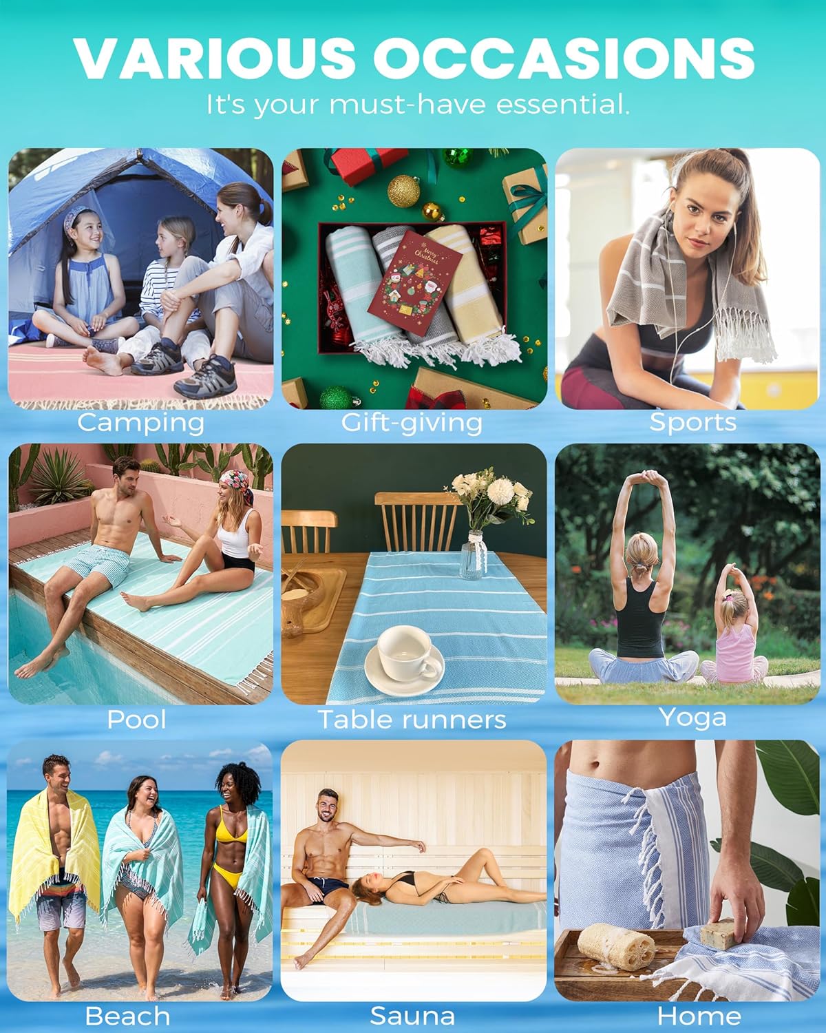 Skiennix Oversized Turkish Beach Towels - Quick Dry, Sand-Free, Extra Large Set of 6 | Perfect for Travel & Camping