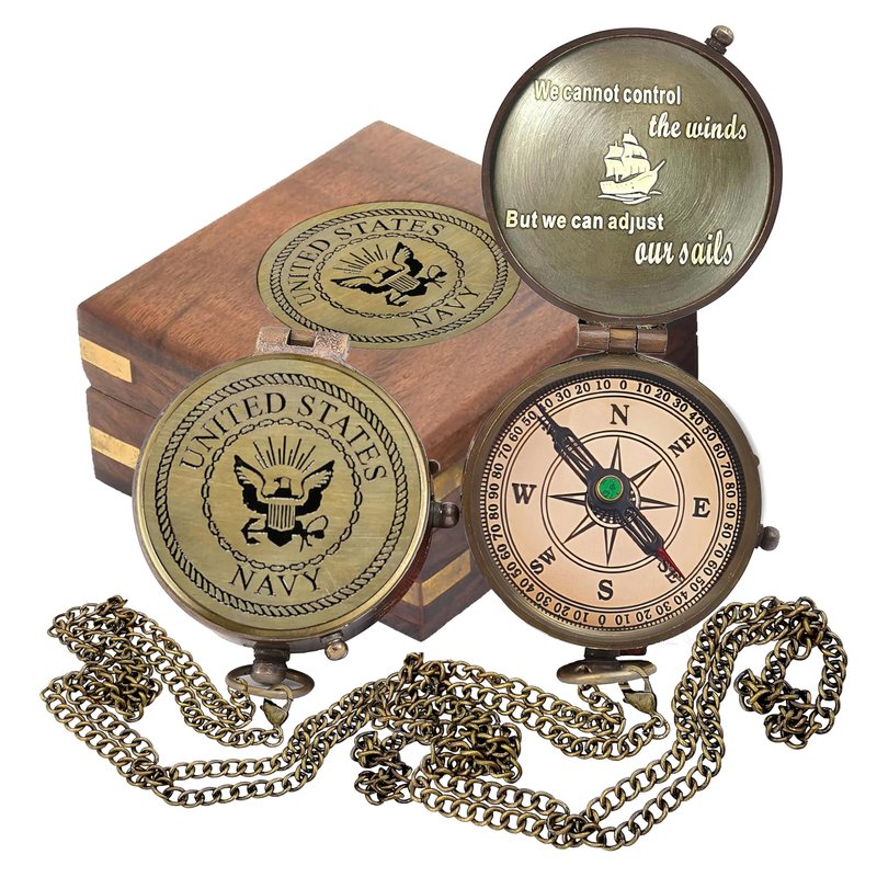 US Navy Military Gifts for Men Women - Personalized Retirement Compass for Son Mom Dad Family - Engraved United States Navy Gift (Navy with Wooden Box)