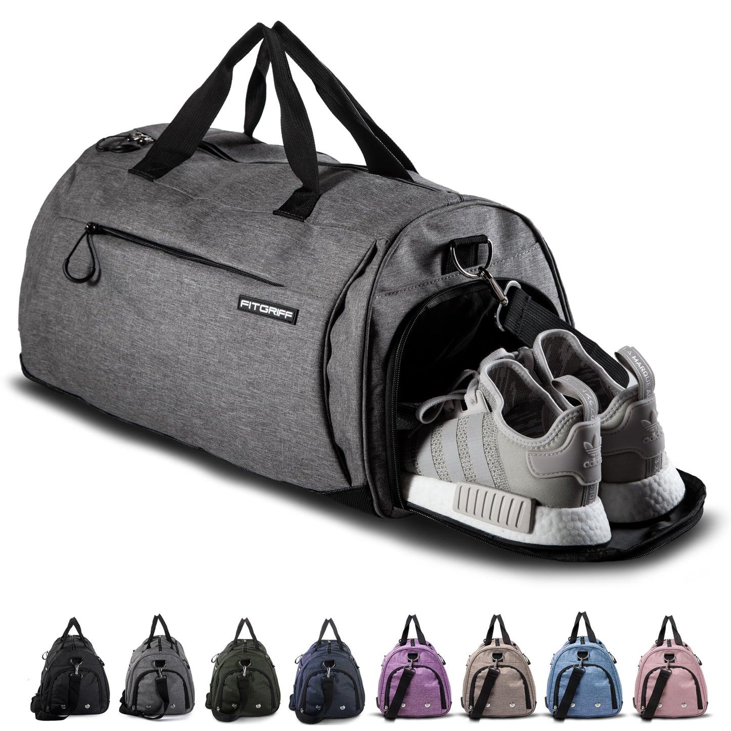 Fitgriff® Gym Bag for Men & Women with Shoe & Wet Compartment - Duffle Bag for Travel, Sports, Fitness & Workout (Grey, 23 x 12 x 12″ (M))