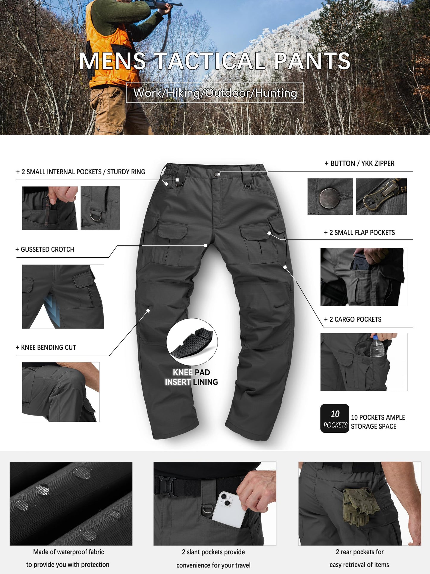 Men's Tactical Pants Water Resistant Stretch Cargo Ripstop Pants Lightweight Outdoor Military EDC Work Hiking Pants Grey 32W×34L
