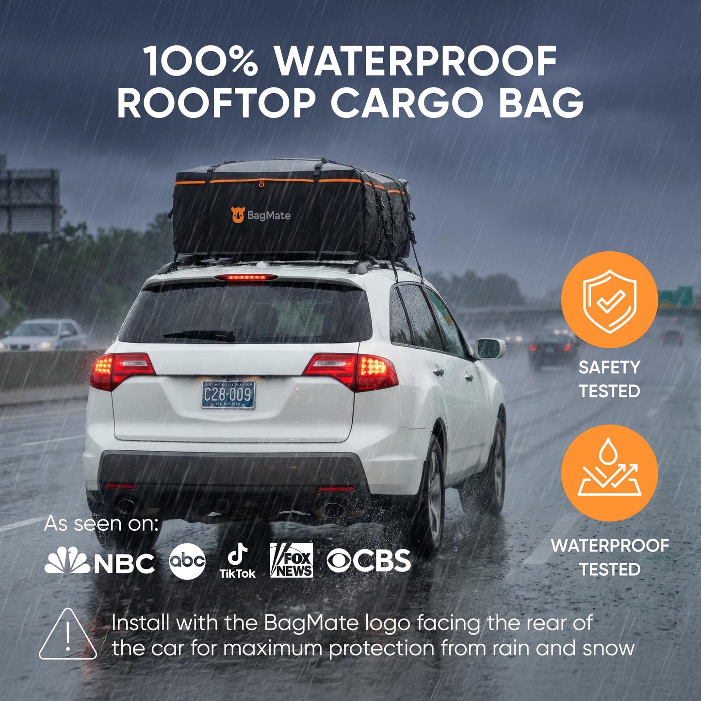 BagMate 23 Cubic Feet Roof Bag – Safety Tested Heavy-Duty Waterproof Rooftop Cargo Carrier for All Cars & SUVs (with or Without Rack) – Includes Protective Mat & Storage Bag – Military-Grade 840D PVC
