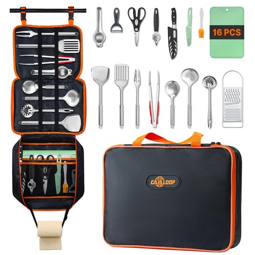 GAIALOOP Camping Cooking Utensils Set 16 PCS Camp Kitchen Cookware Kit with Organizer Bag, Portable RV Camping Essentials Camper Must Haves for Cookouts Open Fire Pit