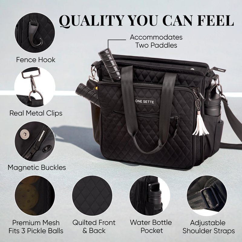 One Sette Pickleball Tote Bag for Women Gifts – Stylish Quilted Black – Lightweight - Pickle Ball Equipment with Fence Hook and Computer Compartment - Adjustable Shoulder Strap - Sports Gear Hand Bag