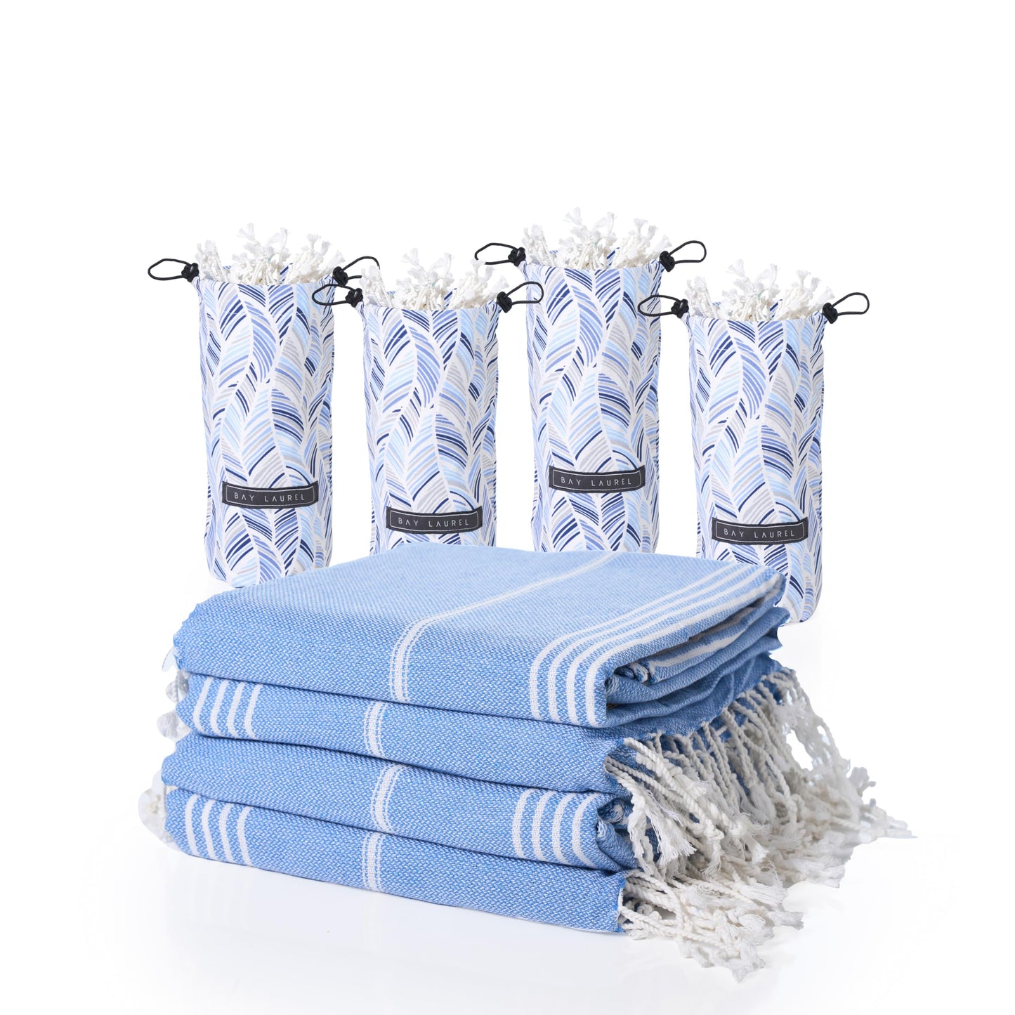 BAY LAUREL 4-Pack Oversized Turkish Beach Towels – Quick Dry, Sand Free Towels with Travel Bags, 39"x71", Lightweight (Pack of 4 - Denim Blue)