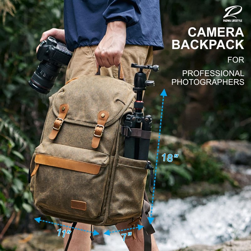 Padwa Lifestyle Khaki Camera Backpack - Professional DSLR & UAV Camera Bag,Anti Theft Canvas Camera Backpacks with Rain Cover,Large Capacity Photography Travel Camera Bag with Multi Compartments