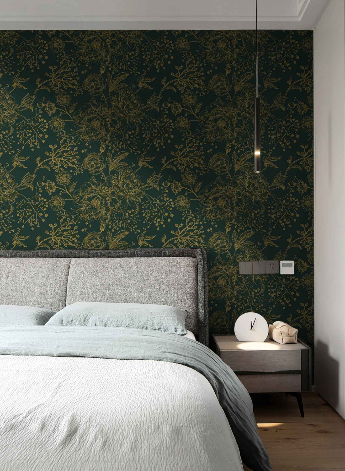 Safiyya Peel and Stick Wallpaper Boho Floral Contact Paper 196" x 17.3" Gold and Dark Green Wall Paper Modern Self Adhesive Removable Wallpaper for Bedroom Bathroom Vinyl Rolls