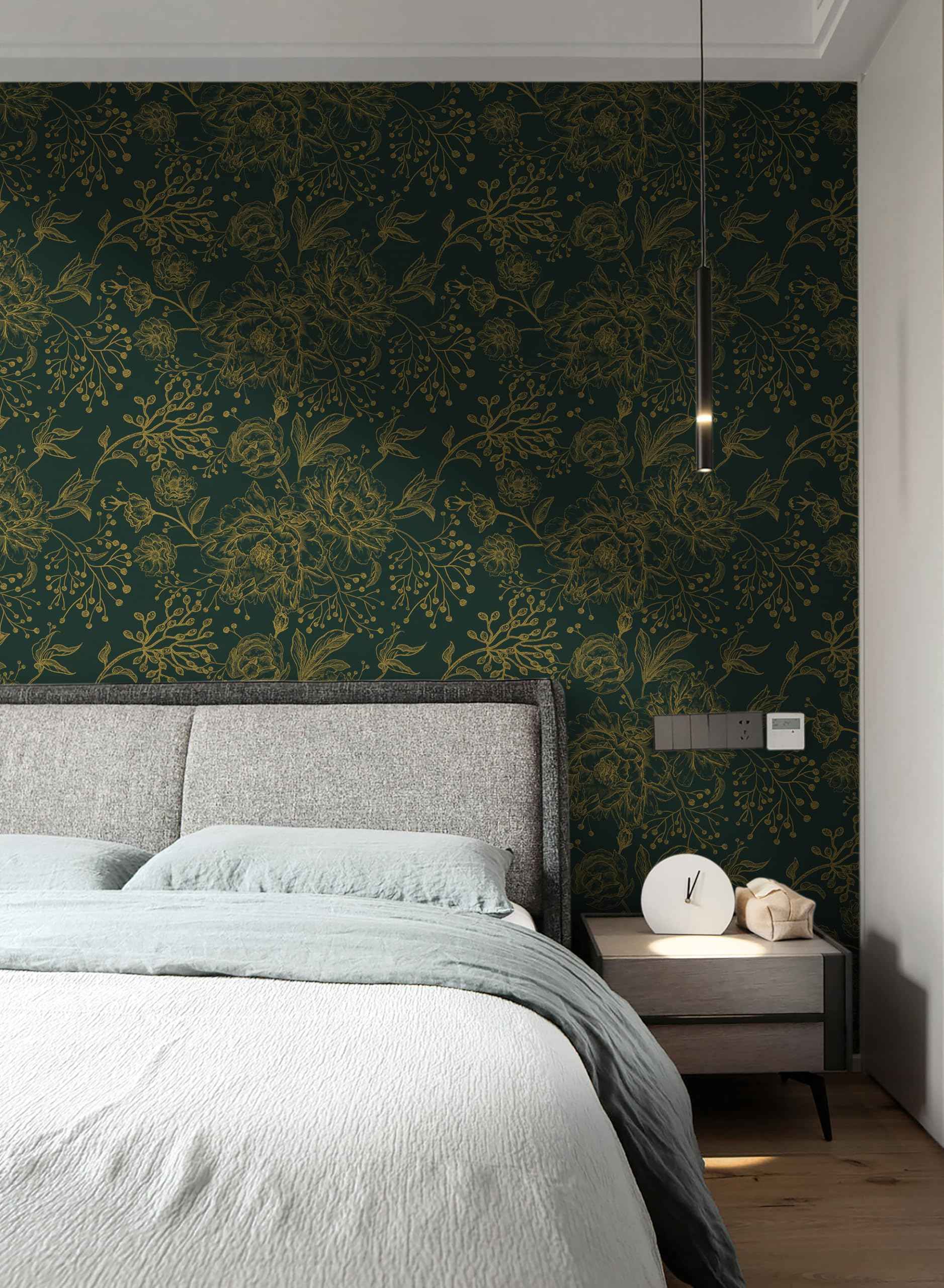 Safiyya Peel and Stick Wallpaper Boho Floral Contact Paper 196" x 17.3" Gold and Dark Green Wall Paper Modern Self Adhesive Removable Wallpaper for Bedroom Bathroom Vinyl Rolls