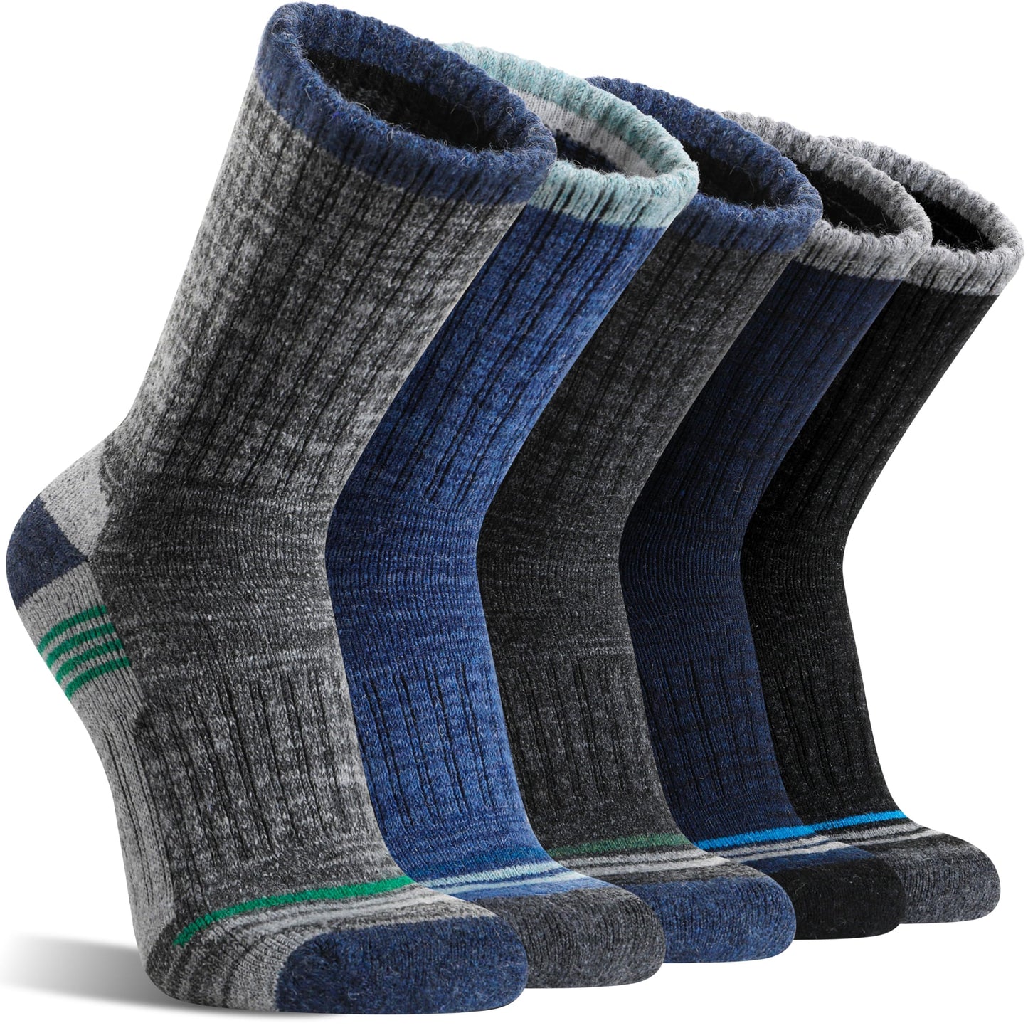 MOGGEI Merino Wool Hiking Socks for Men Thermal Warm Winter Cozy Crew Work Socks 5 Pairs Gifts Stocking Stuffers(Grey/Blue/Dark Blue/Black,L)