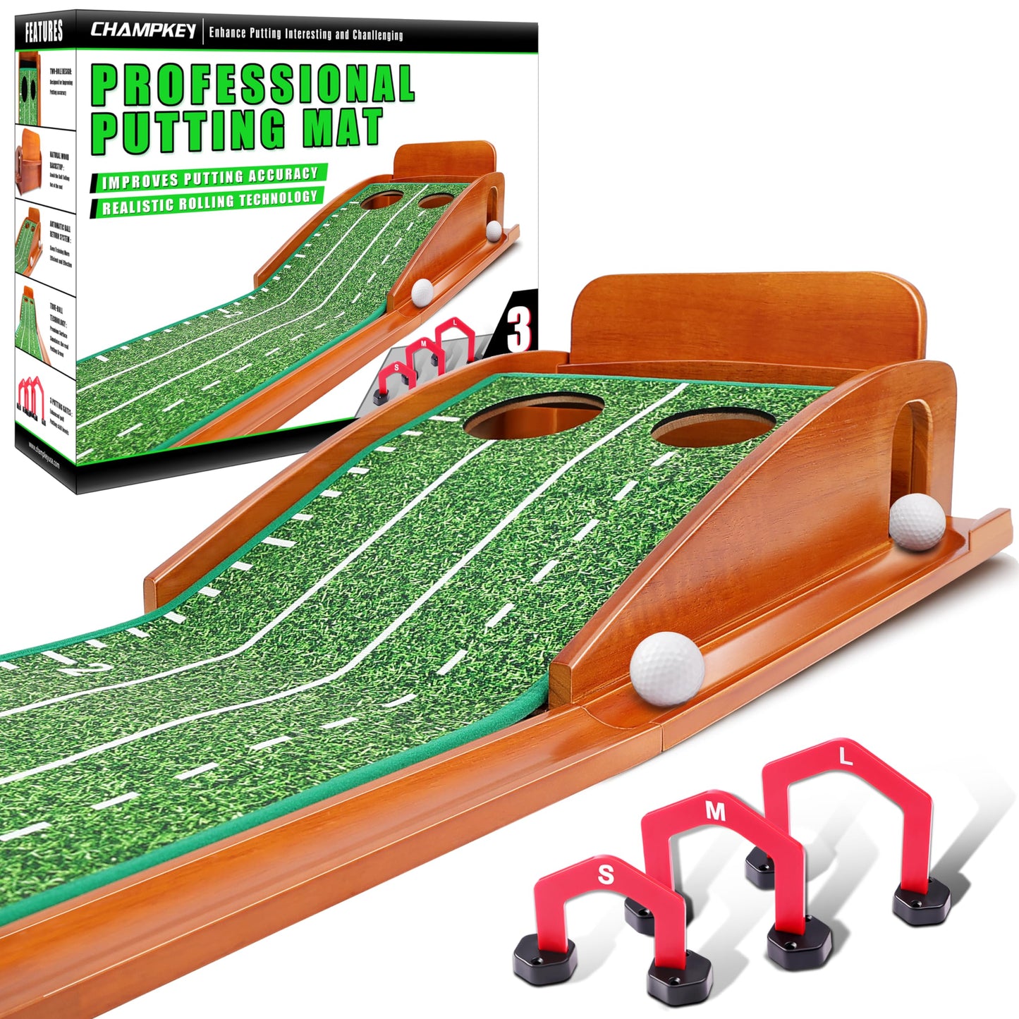 CHAMPKEY Premium Golf Putting Green Indoor with 3 Golf Putting Gates - Improves Putting Accuracy and Skill Levels Golf Putting Mat - Ideal for Indoor and Outdoor Training(Dual Hole - Wooden)